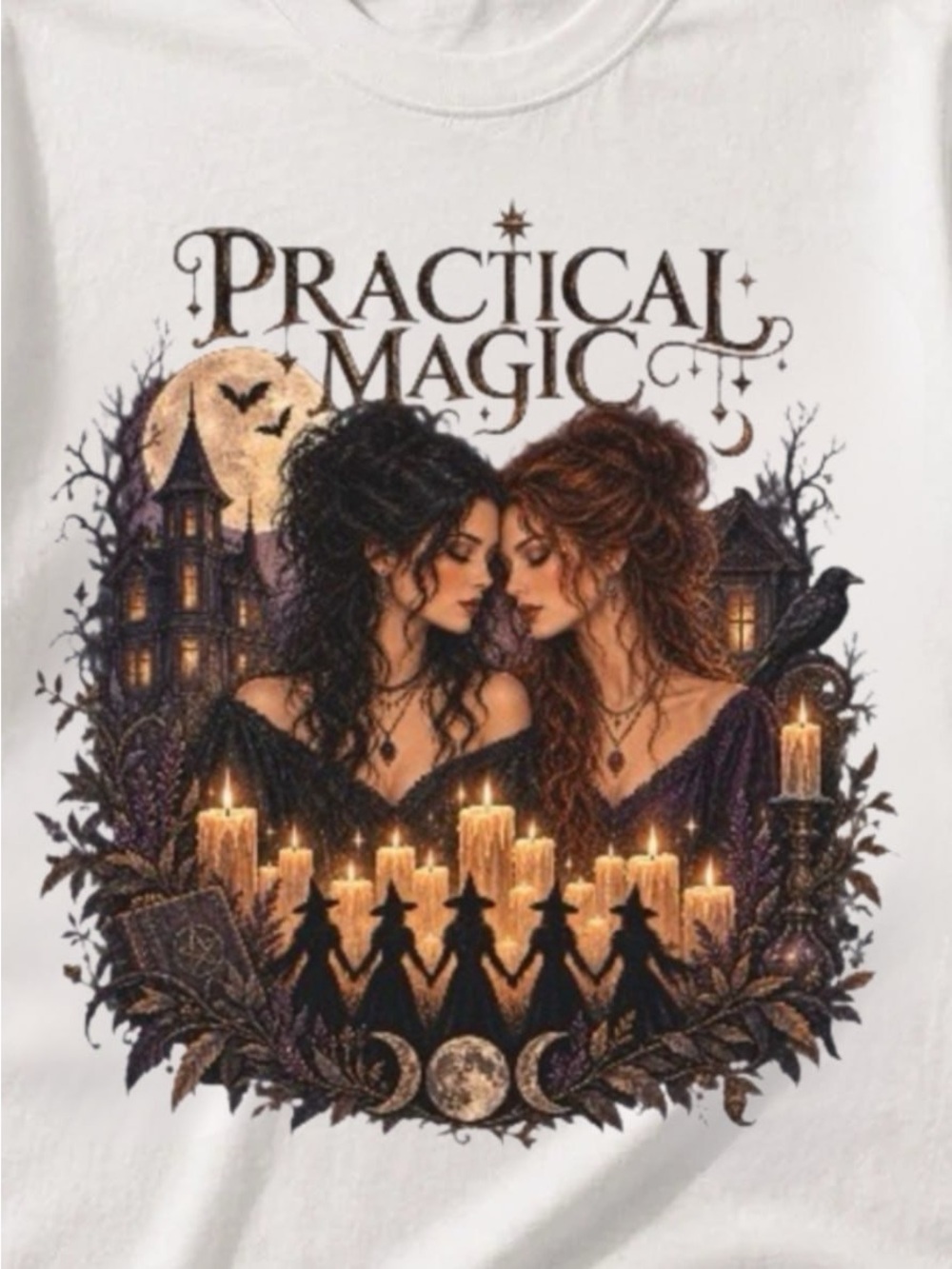 White Practical Magic Graphic Tee with Candlelit Illustration - Picture 2 of 4